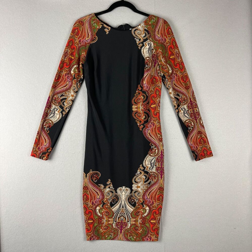 Y2K 90s Cache Paisley Baroque Dress Women 2 Jersey Sheath Bodycon Stretch Artsy